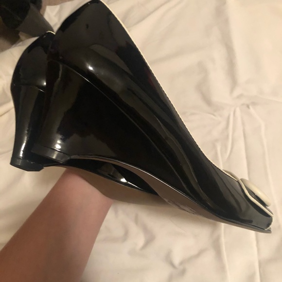 Etienne Aigner Acton Black and White Patent Wedges - Picture 6 of 6